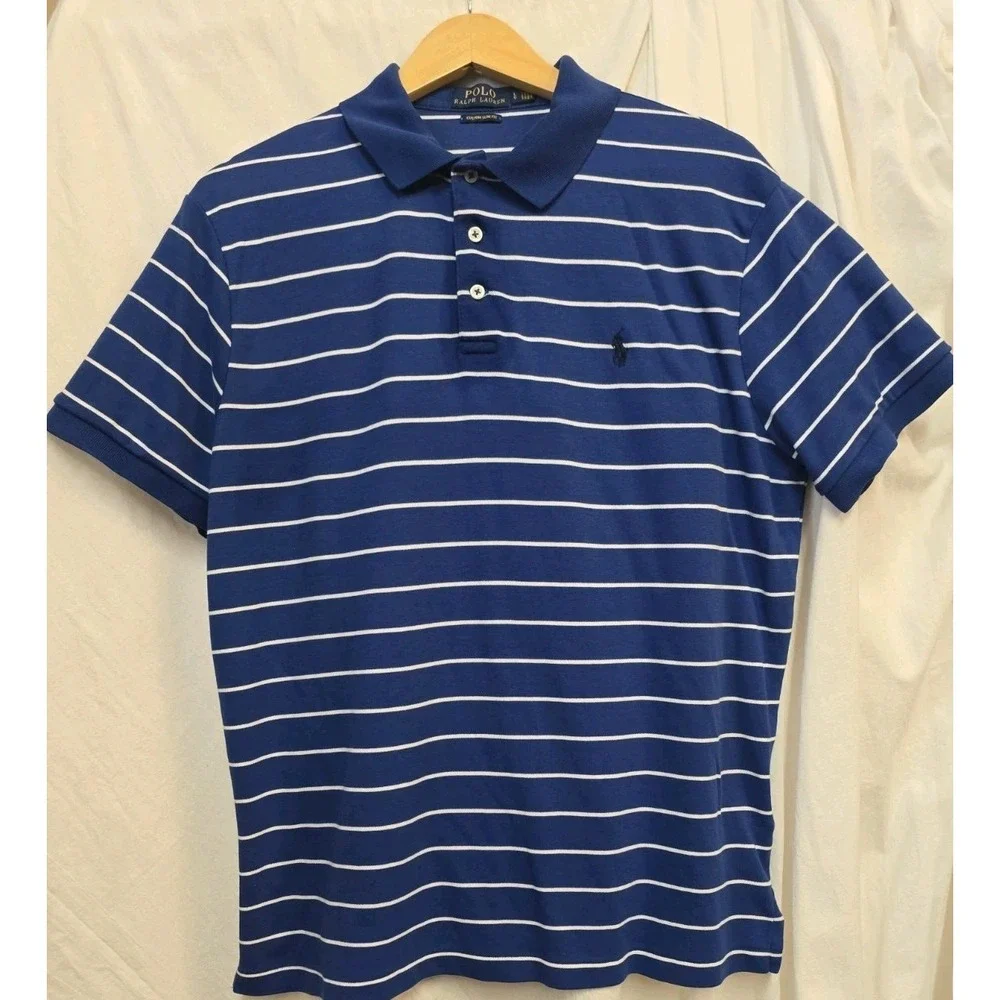 Polo Ralph Lauren Men's L Custom Slim Fit Blue Striped Pony Polo Preppy Coastal